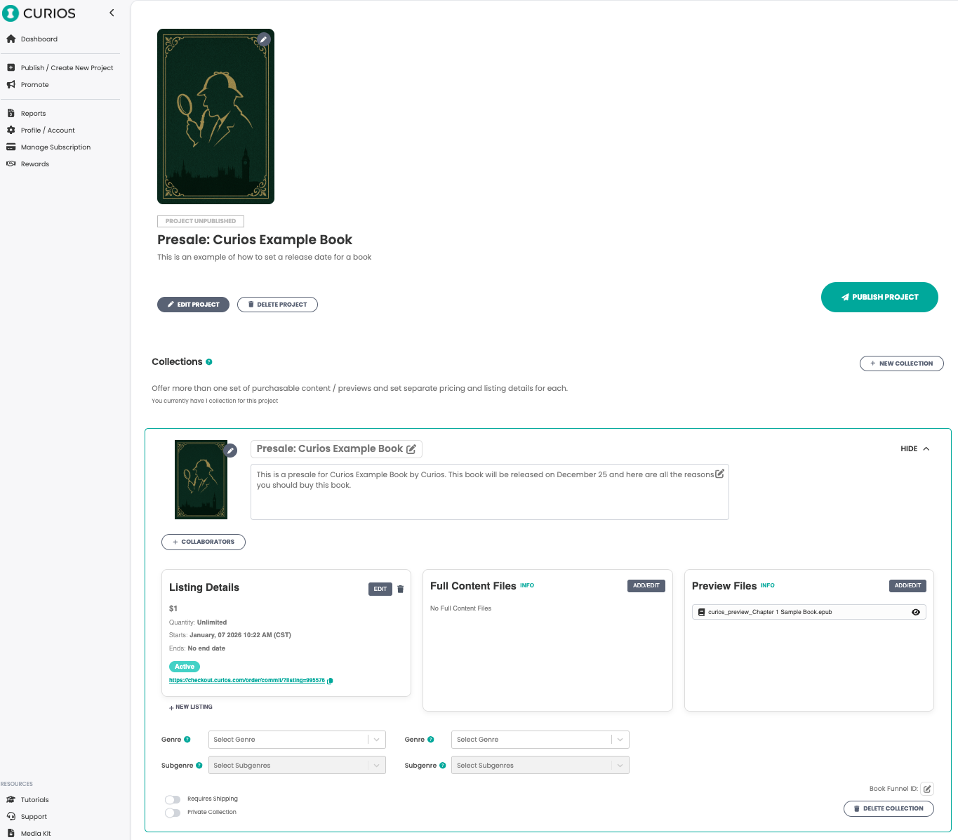 Book detail page on studio.curios.com